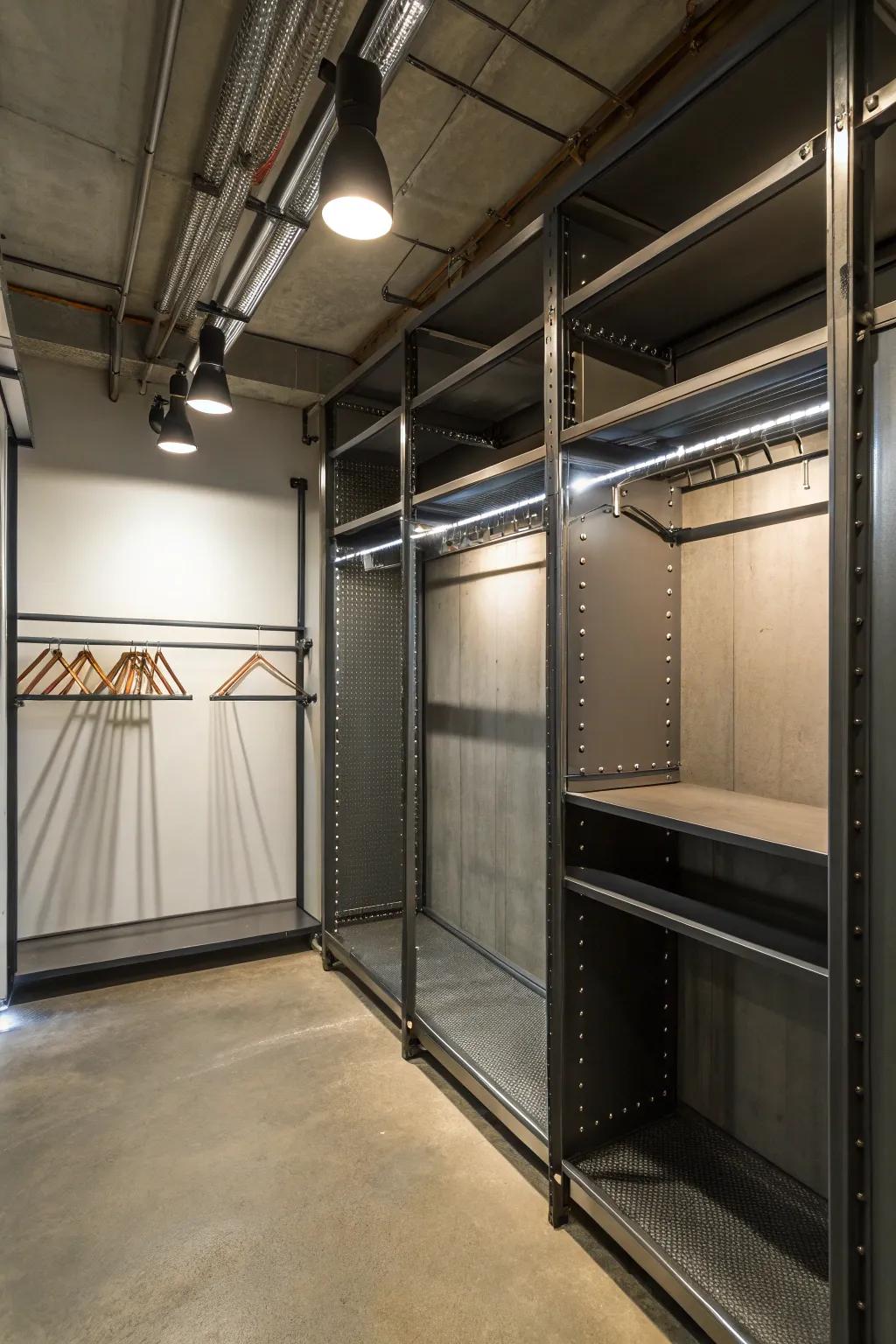 An industrial open closet with metal elements and urban flair.