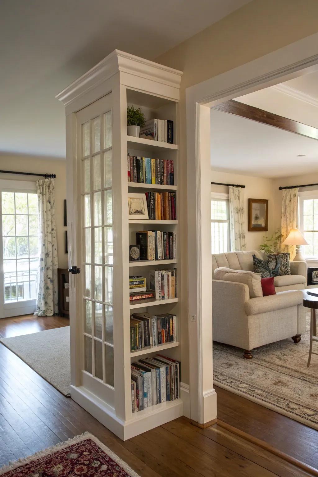 Bookcase elegantly dividing spaces.