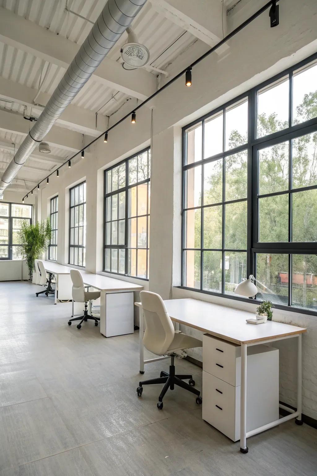 Minimalist aesthetics creating a tranquil open office space.