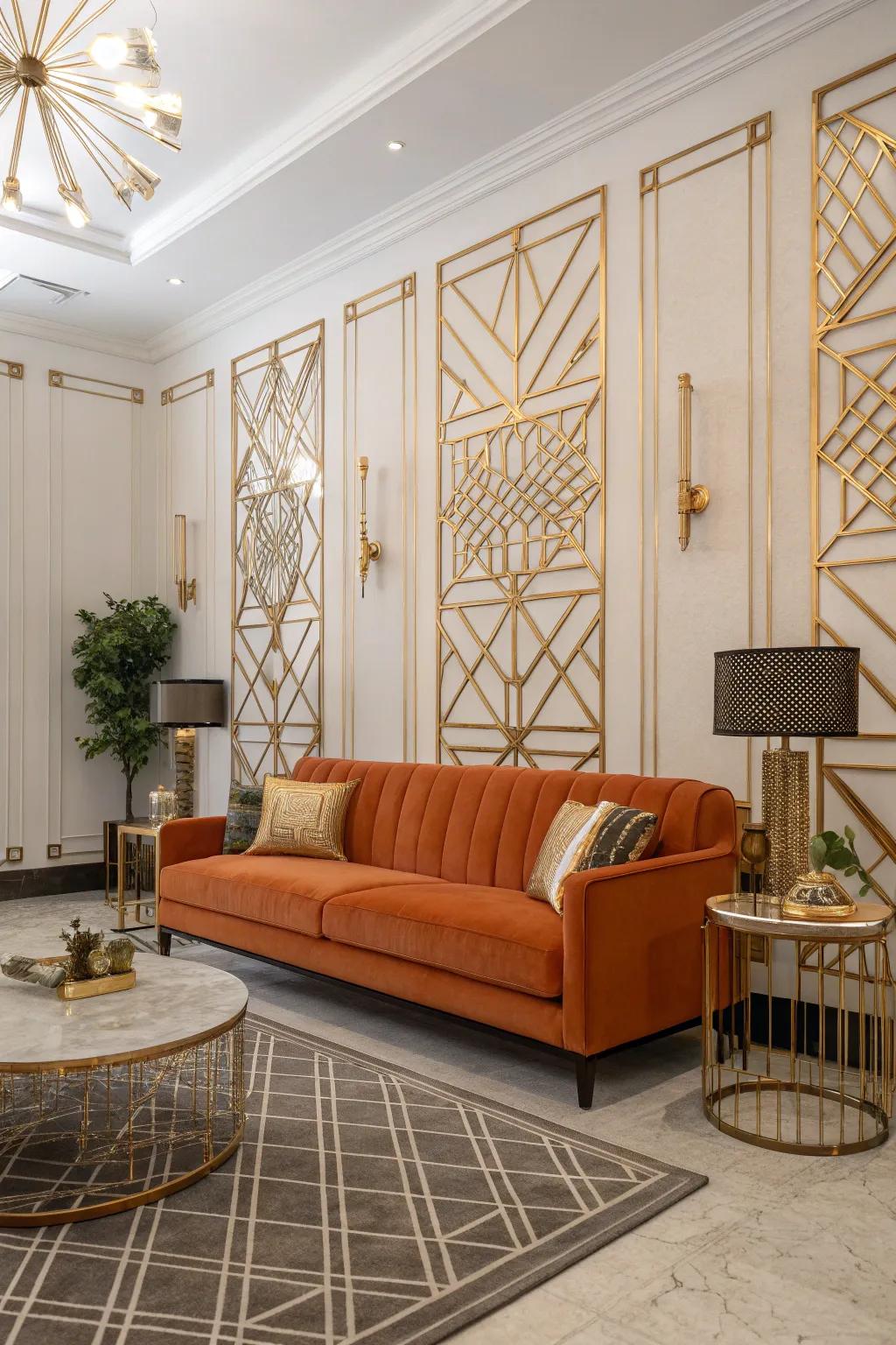 A glamorous art deco living room where an orange couch is paired with geometric patterns.