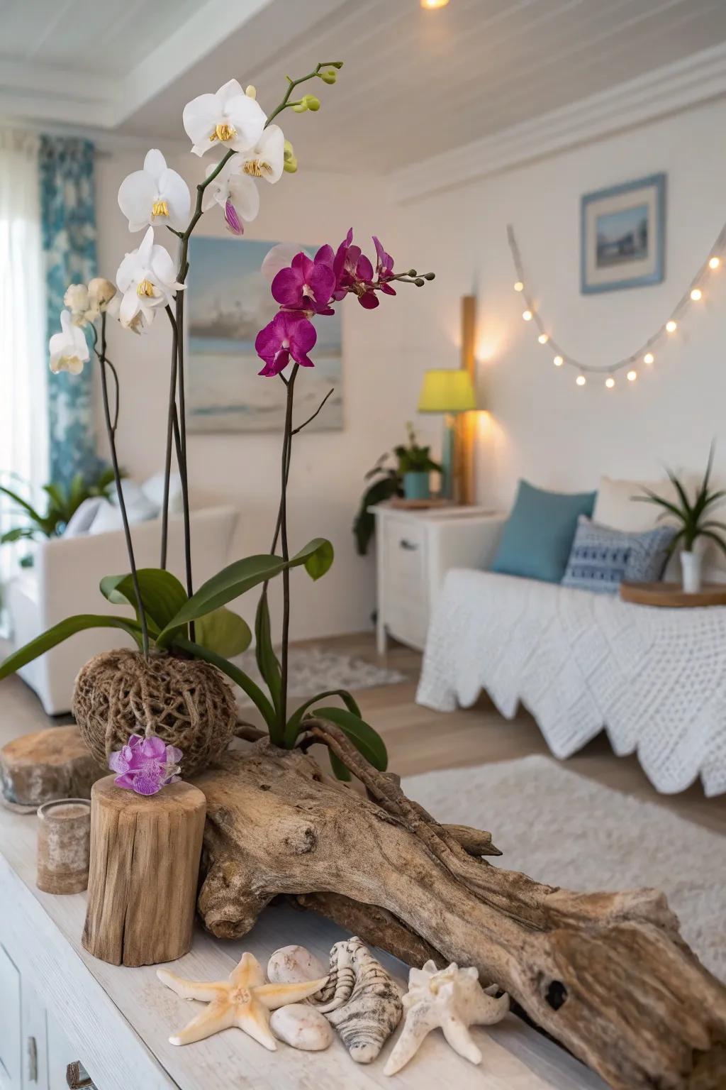 Driftwood creates an artistic orchid display in a coastal-themed room.