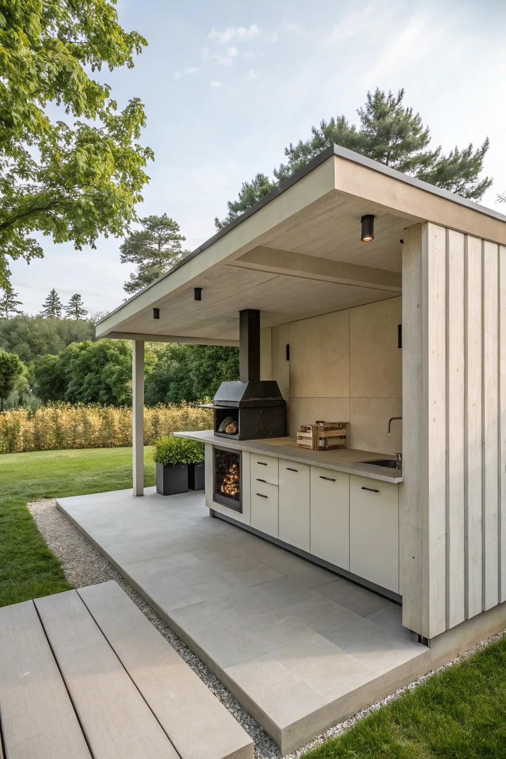 A Scandinavian minimalist BBQ shelter offering elegance and simplicity.