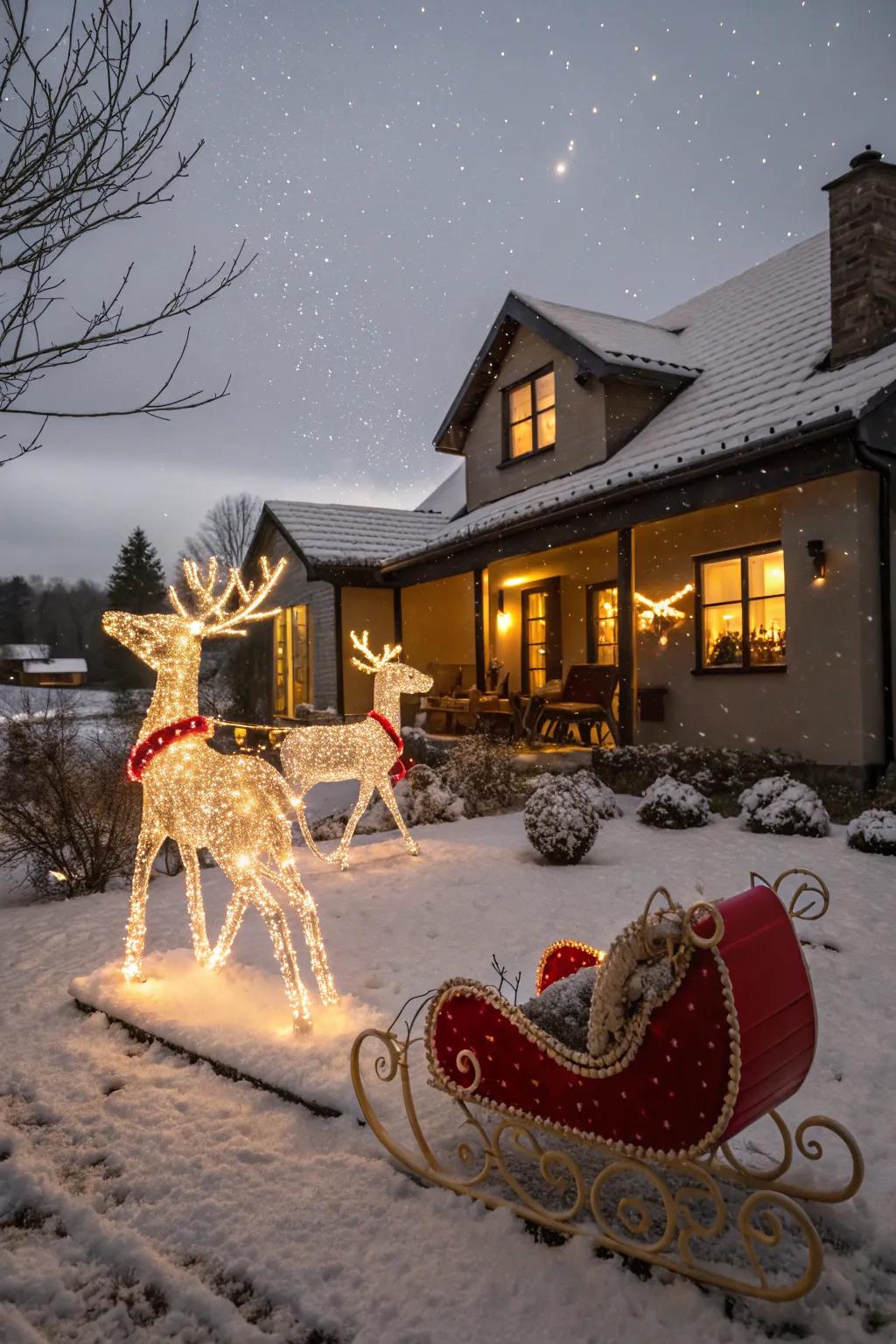 Lighted reindeer and sleigh bring classic holiday imagery and whimsy to the yard.