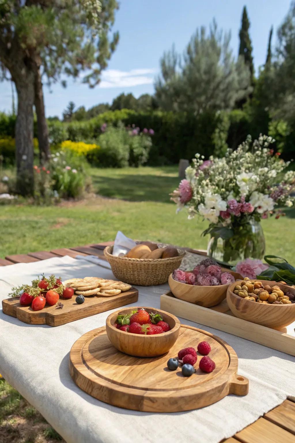 Natural wood elements add warmth and rustic elegance to your picnic table.