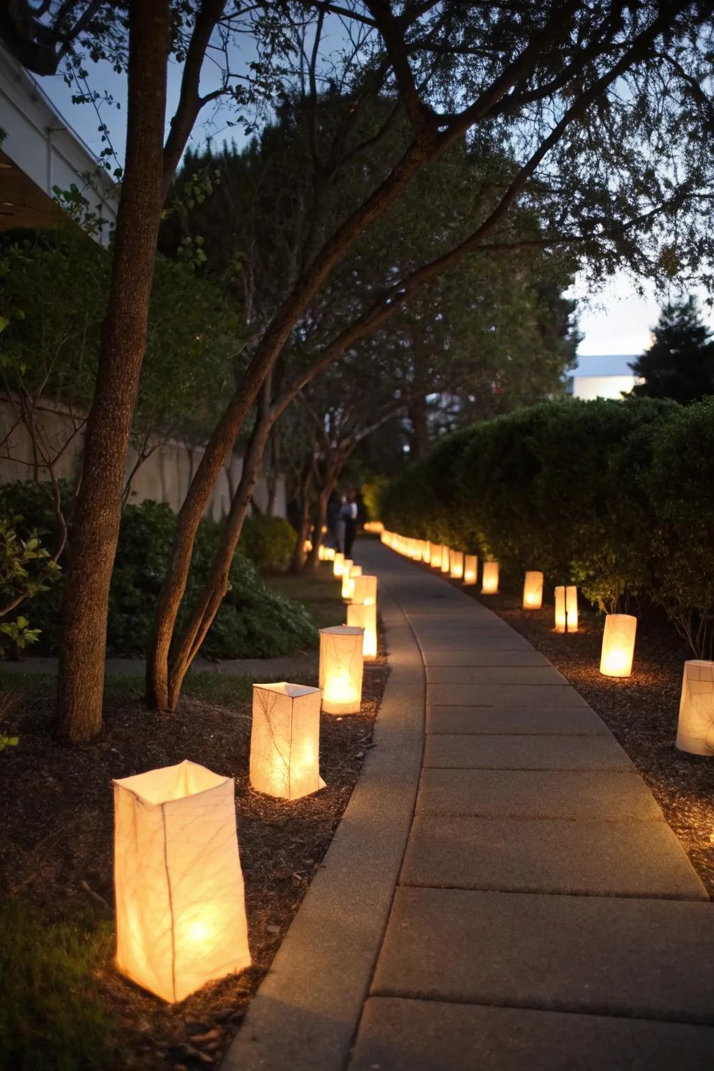 Leaf luminaries create a magical path to the front door.