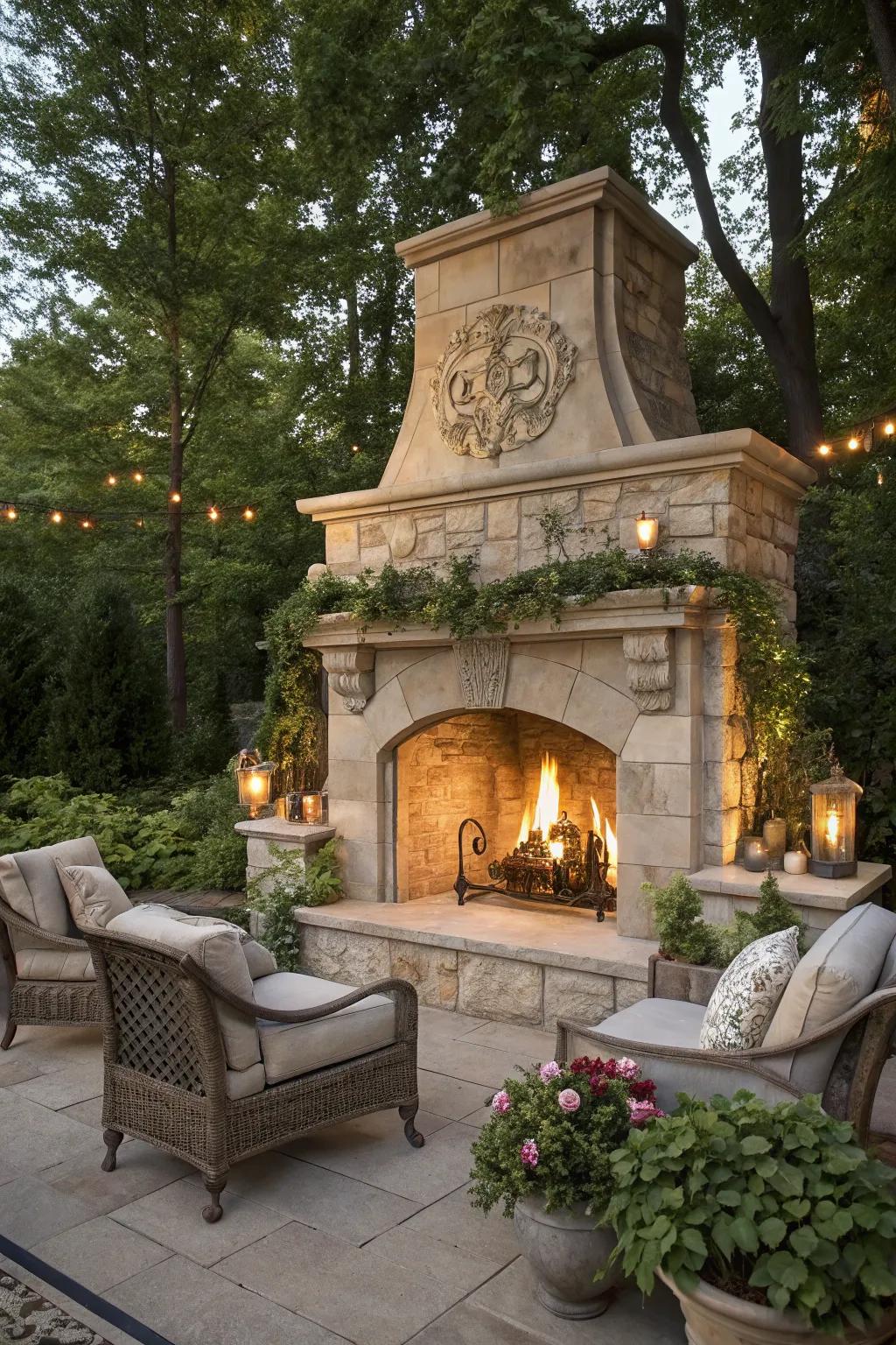 A timeless natural stone mantel with elegant decor.