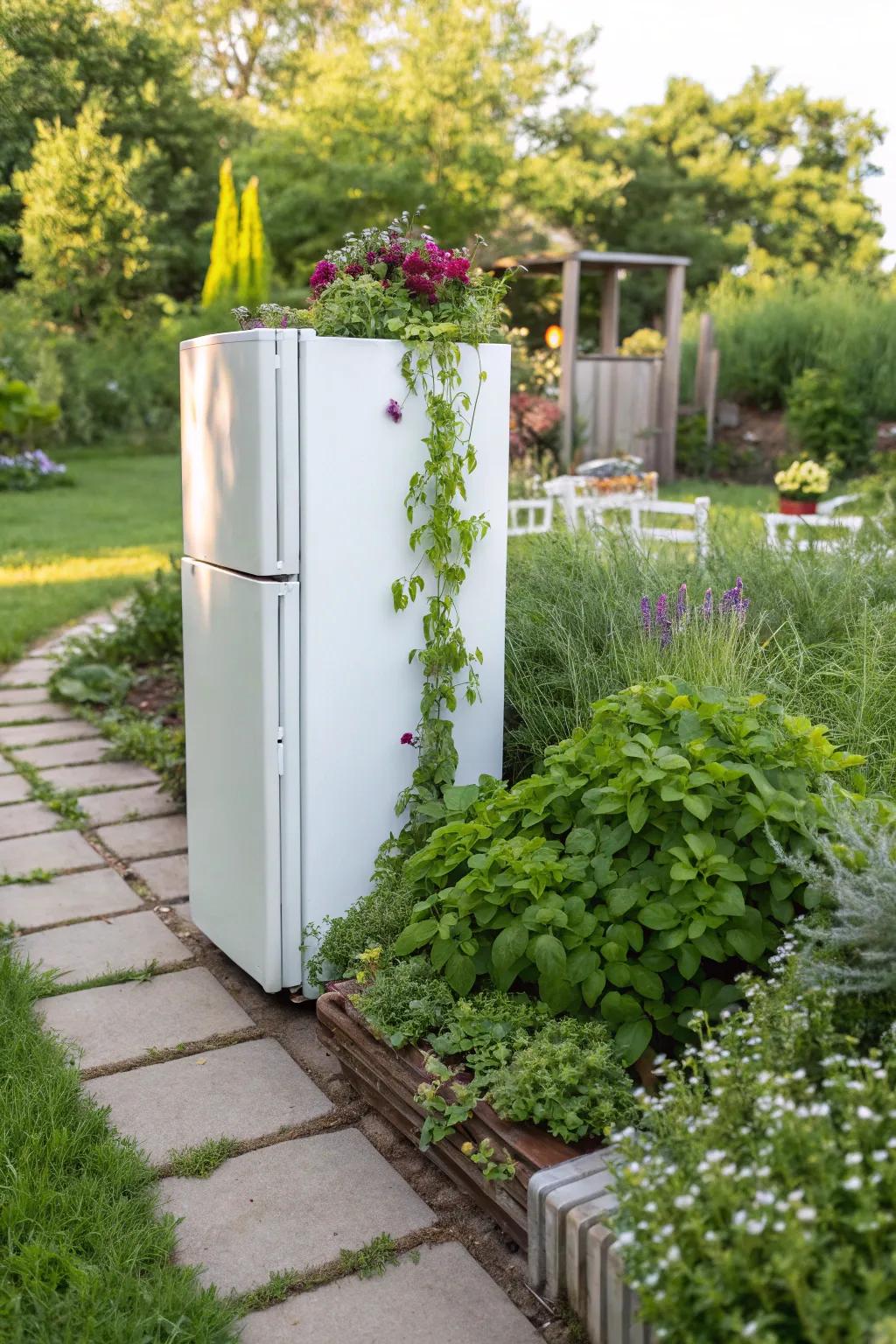 A fridge next to a garden integrates nature with culinary convenience.