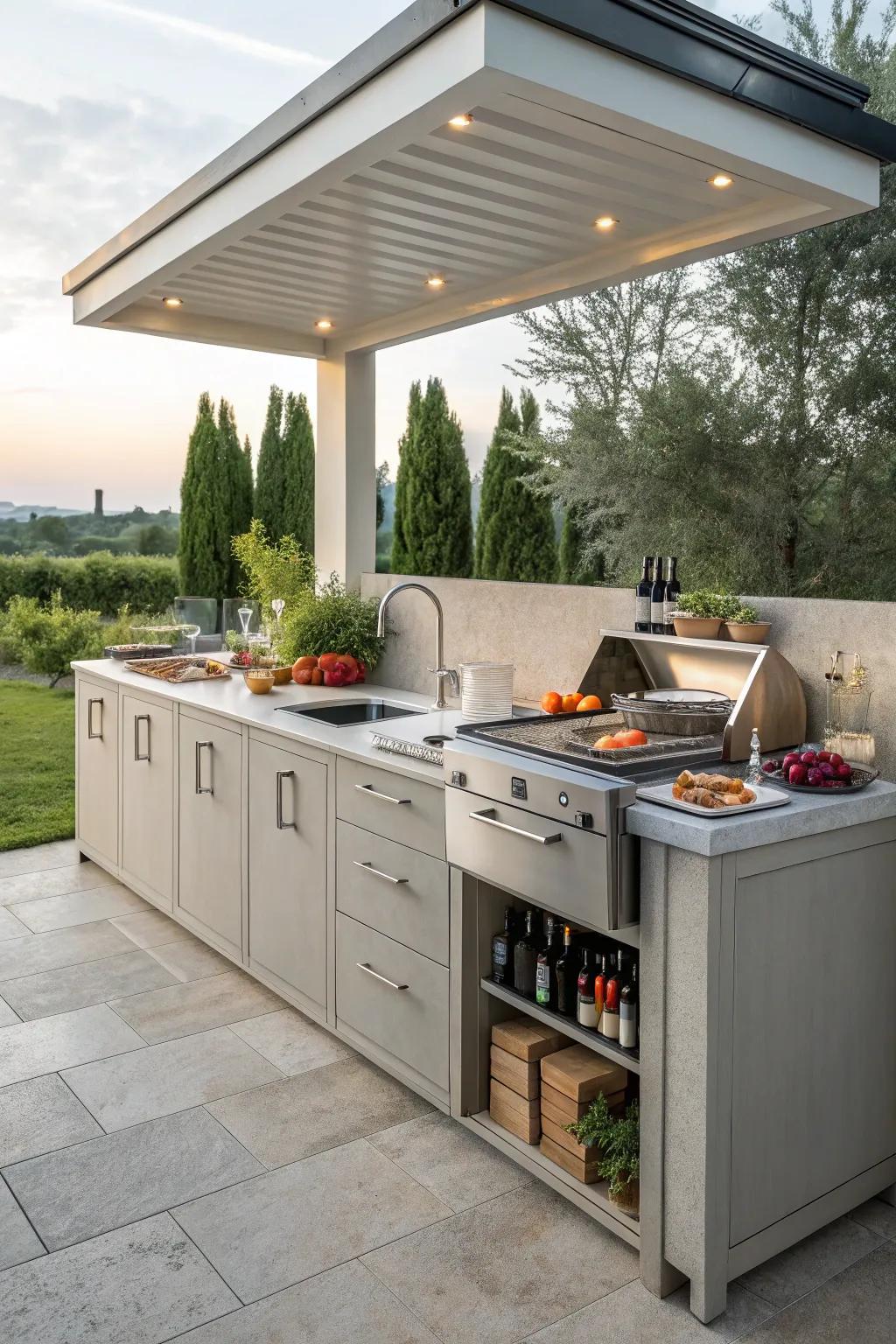 Outdoor sink storage keeps cleaning supplies organized.