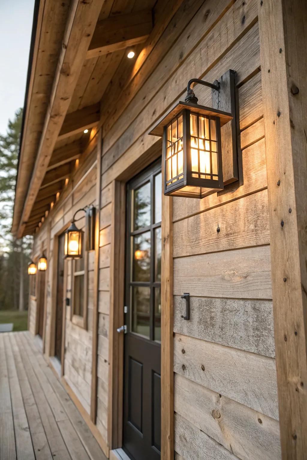 Wooden accents add cottage charm to outdoor lighting.