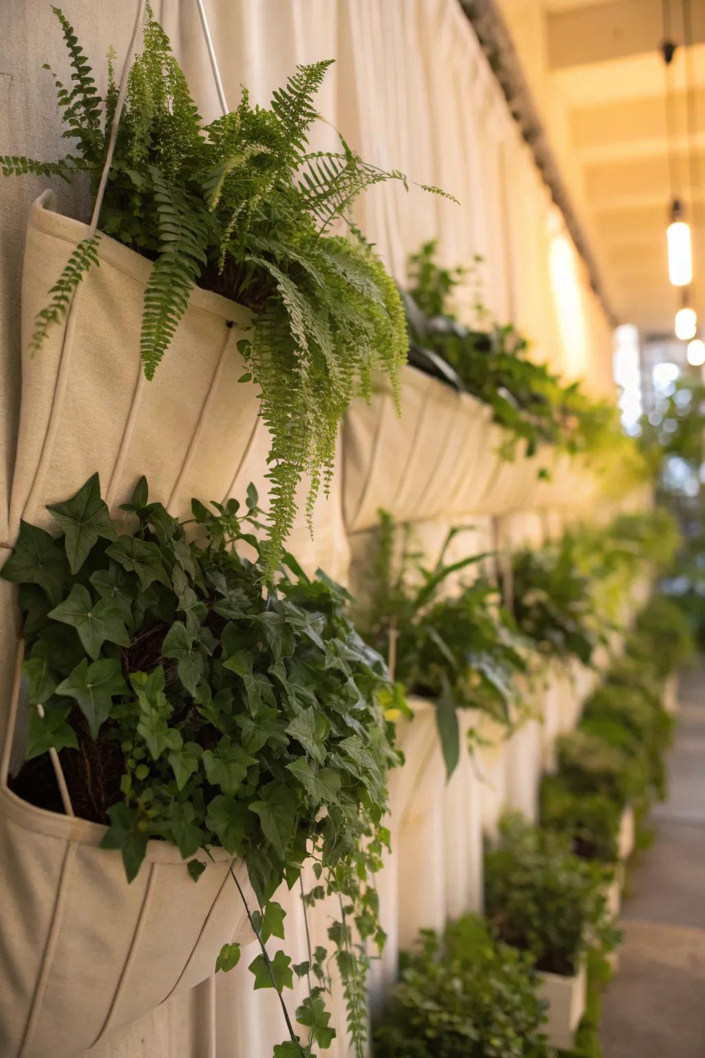 Fabric planters add softness and style to your wall.