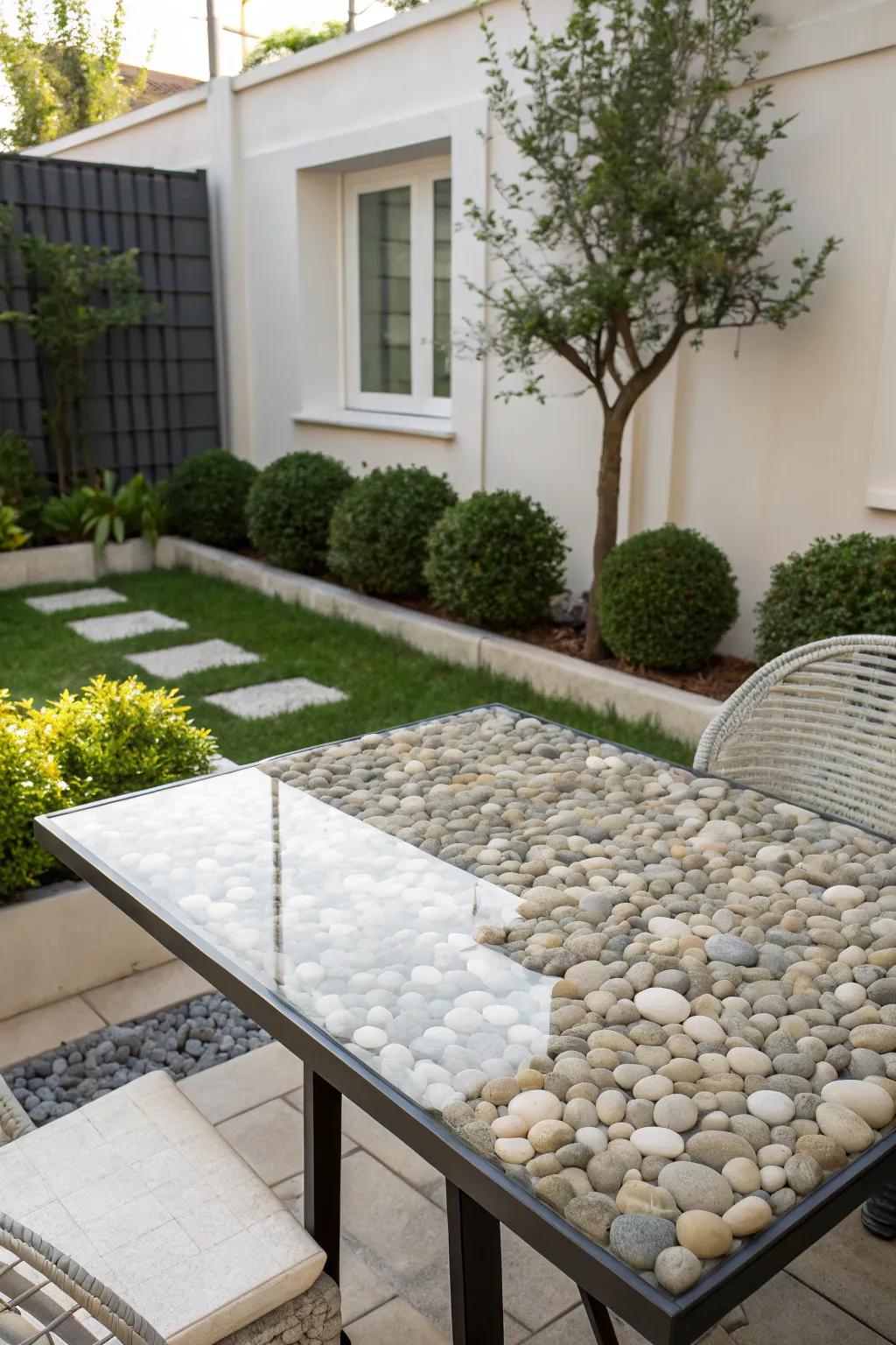 A Zen-inspired tabletop with smooth pebbles, perfect for tranquil outdoor settings.