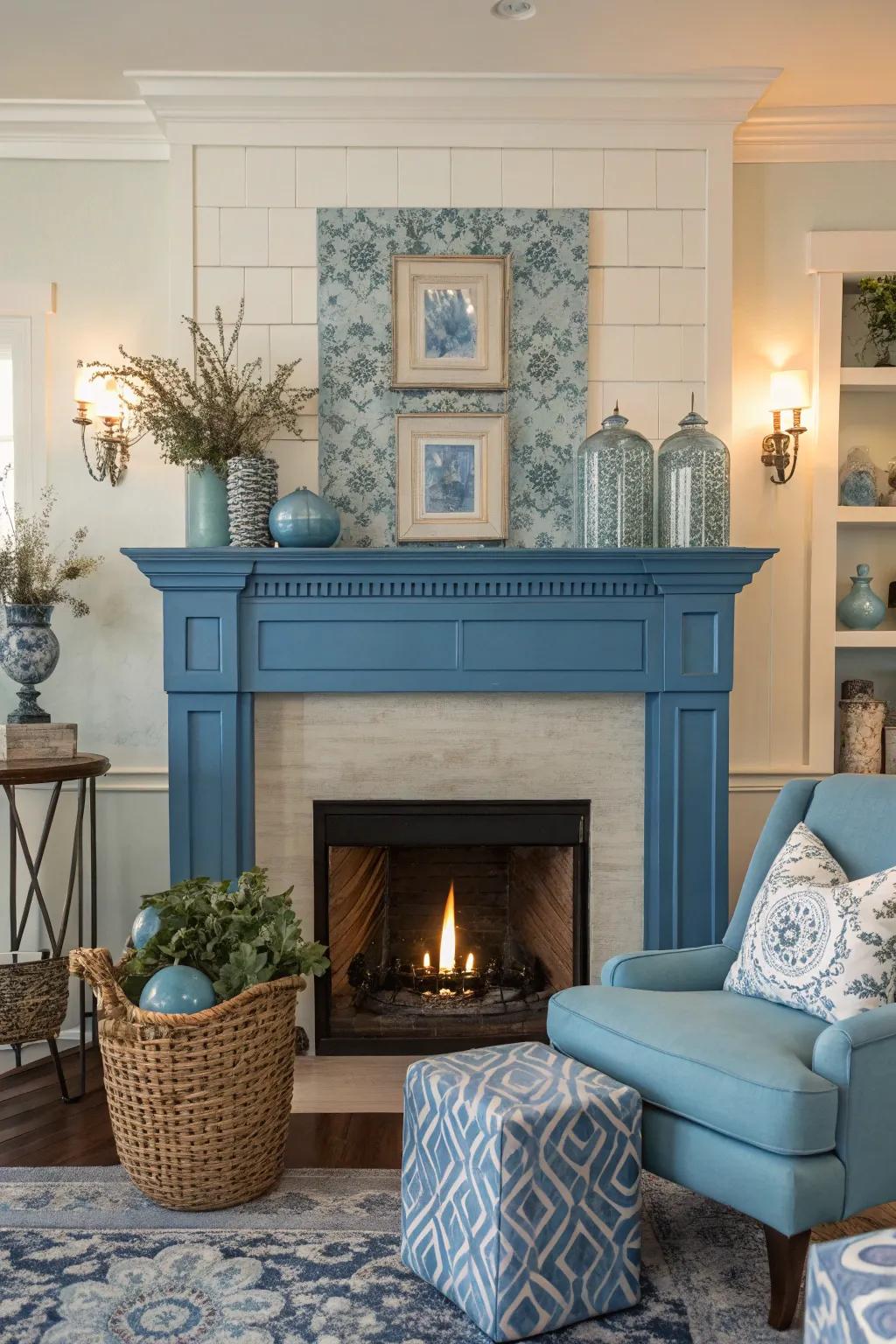 Shades of blue bring serenity and cohesion to your fireplace setting.