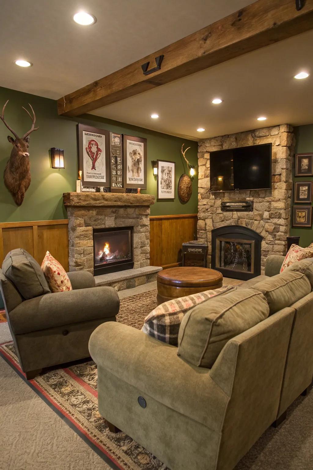 Olive green walls create a welcoming and relaxed atmosphere in this space.