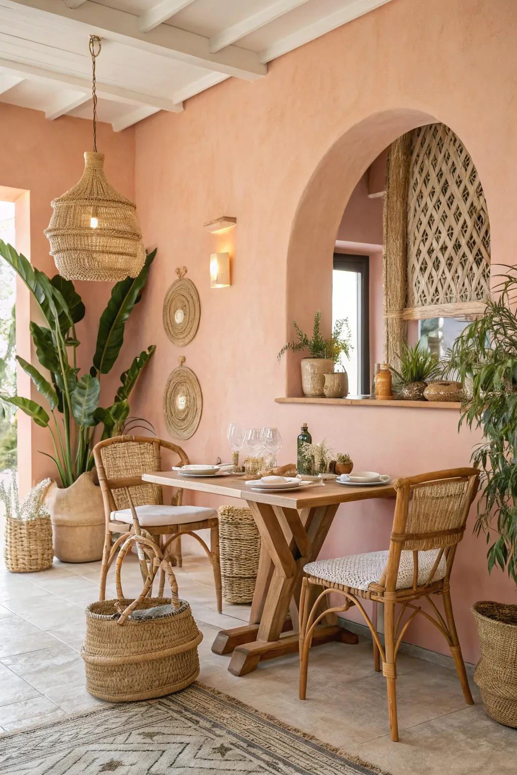 Pastel hues bring a soft and airy vibe to this dining area.