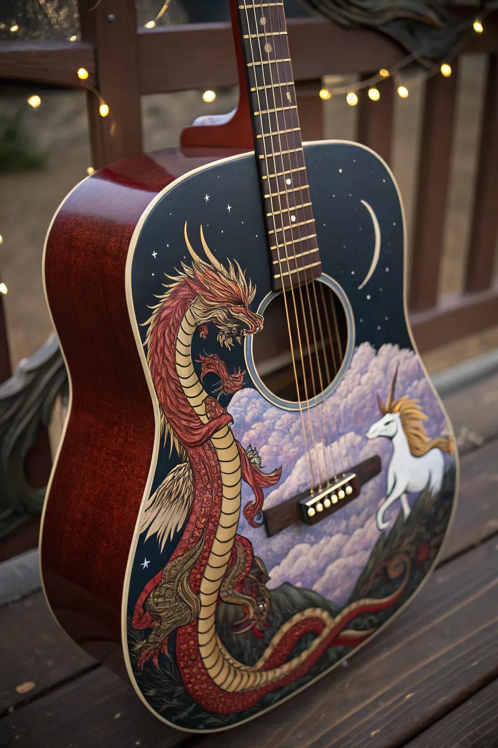 Unleash your inner artist with a guitar that sings of mythical realms and legendary creatures.