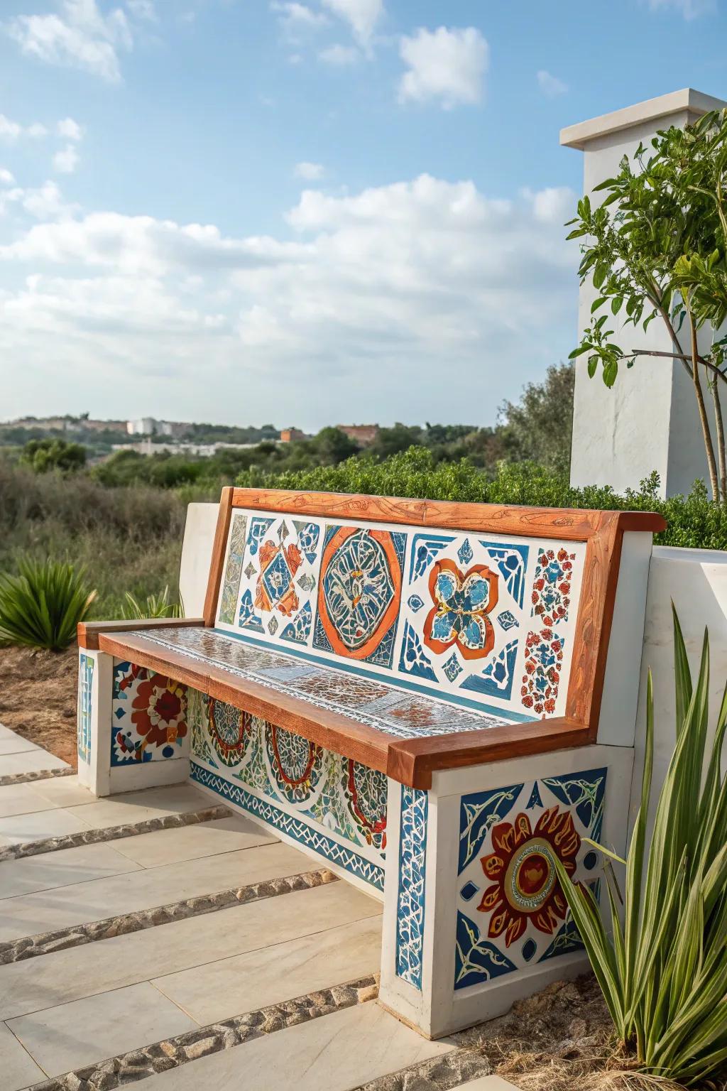 Transform your outdoor space into a mini escape with a culturally inspired bench that brings global charm and vivid style.