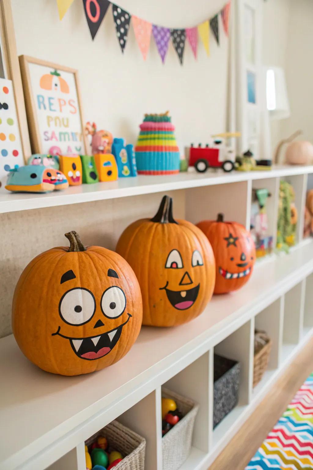 Cartoon face pumpkins add a playful and whimsical touch.