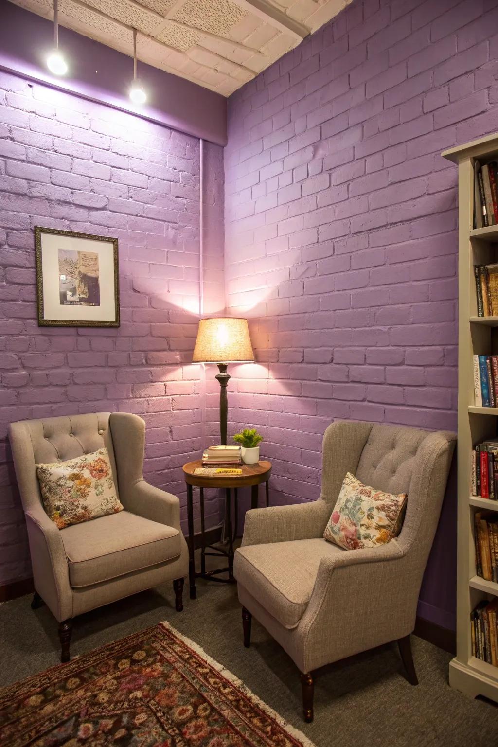 Lavender painted brick walls adding a calming touch to the reading nook.