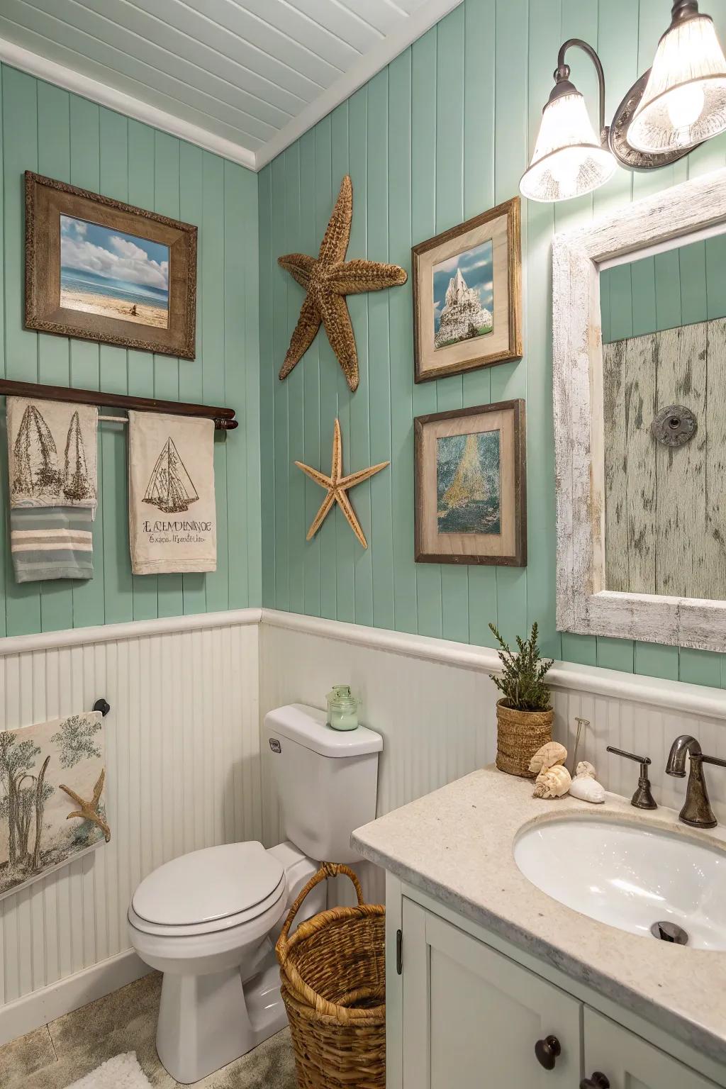 Seafoam green paneling evokes a breezy, coastal feel.