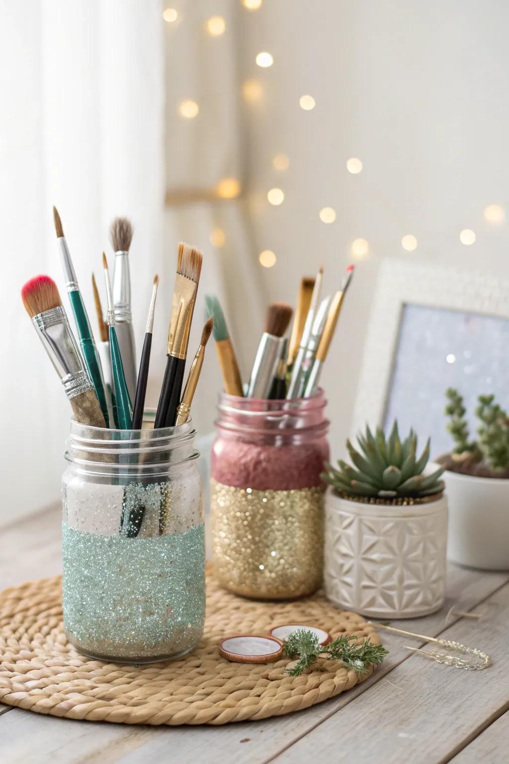Transform your workspace with elegant mason jar organization—where practicality meets artful beauty.