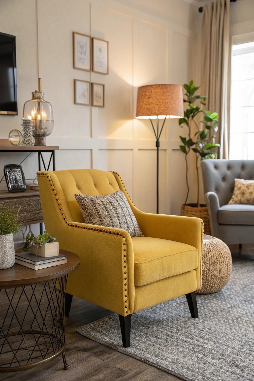 A yellow armchair serves as a stylish focal point in the living room.