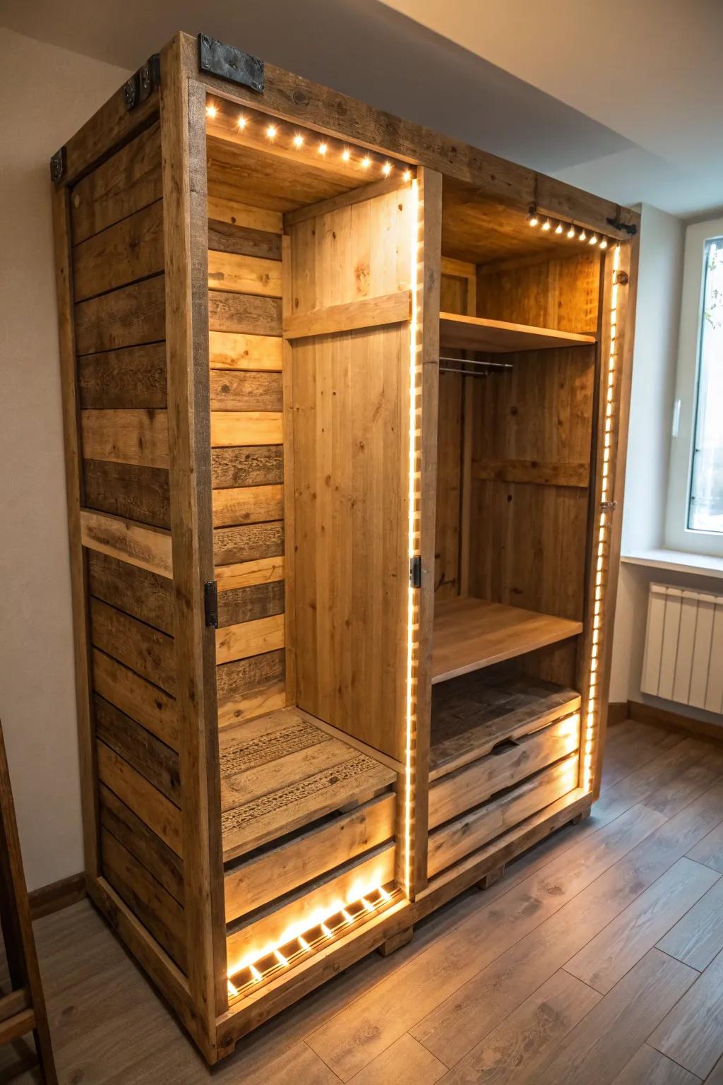 Transform your space with the magic of illuminated pallet craftsmanship.