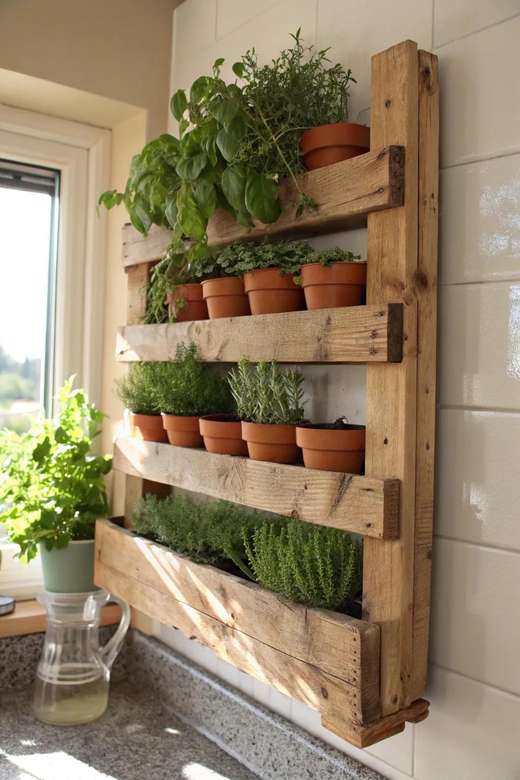 Elevate your kitchen with a handcrafted pallet herb rack for fresh cooking inspiration.