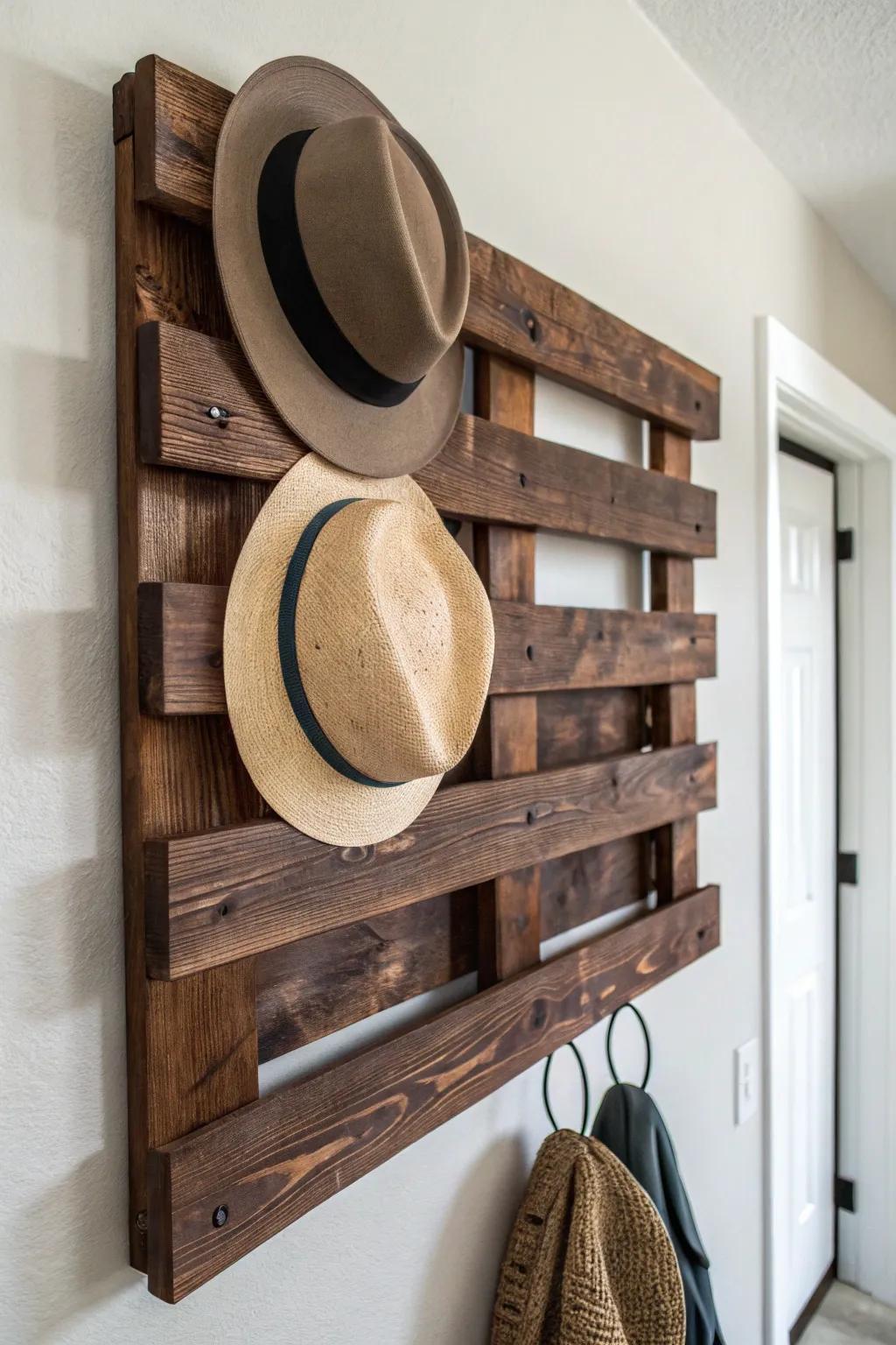 Elevate your style with a floating pallet hat rack – where craftsmanship meets modern design.
