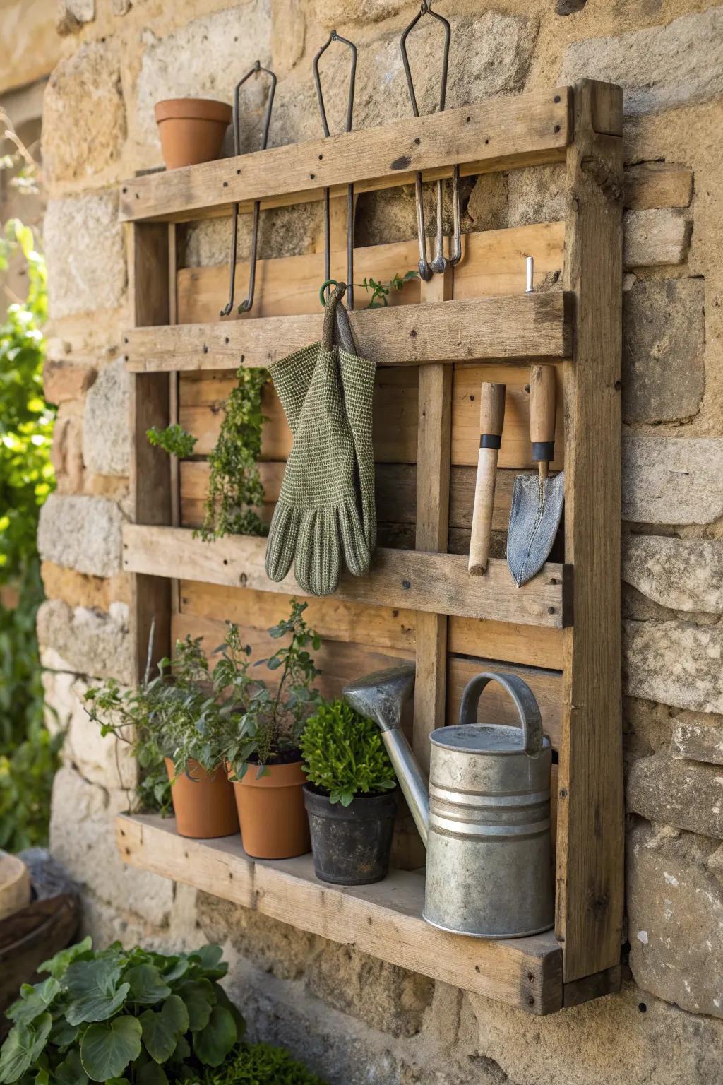 Elevate your garden space with a rustic pallet organizer—where function meets artisanal charm.