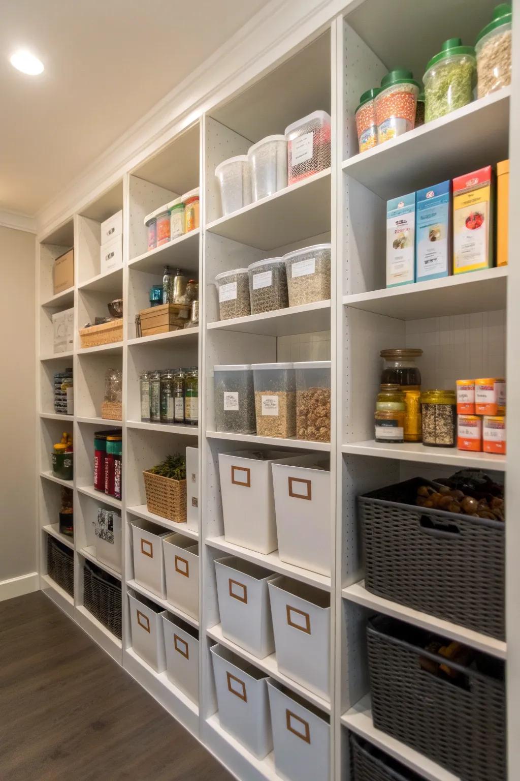 Cubby-style pantry for easy organization and access.