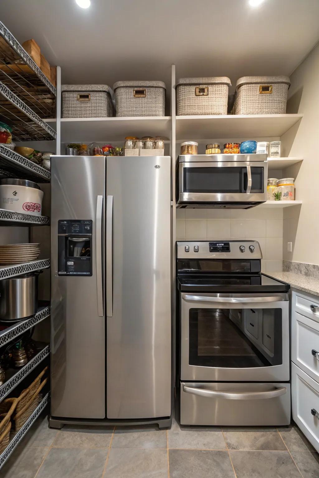 Deep shelves provide storage space for bulky appliances.