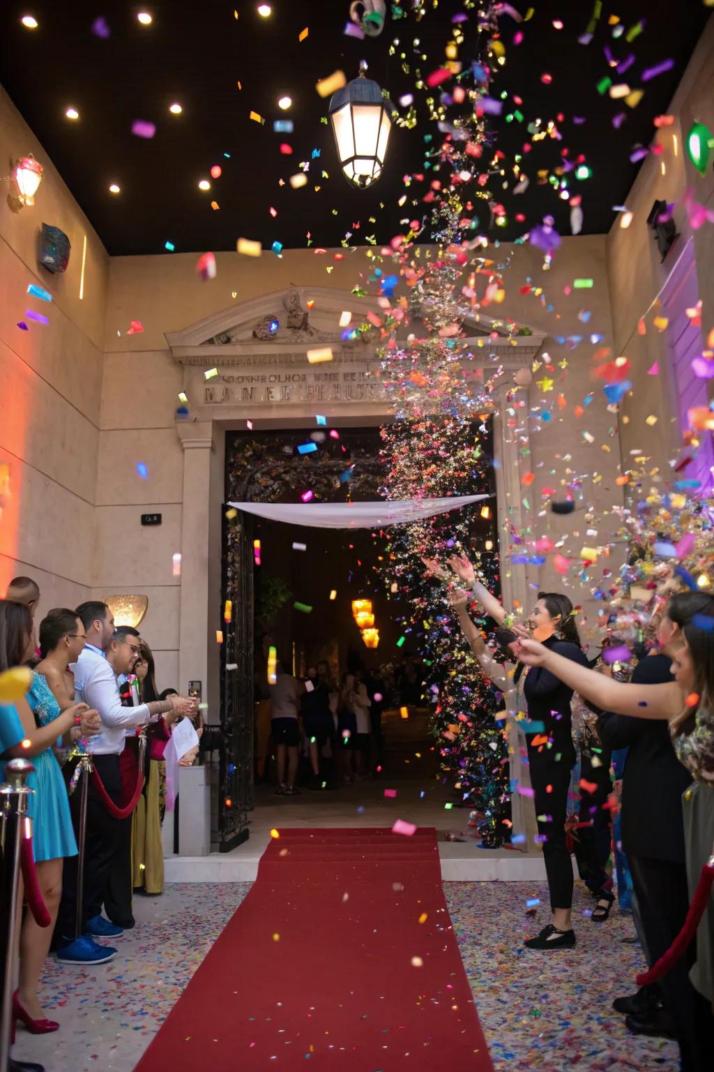 A confetti blast adds color and excitement to the entrance.