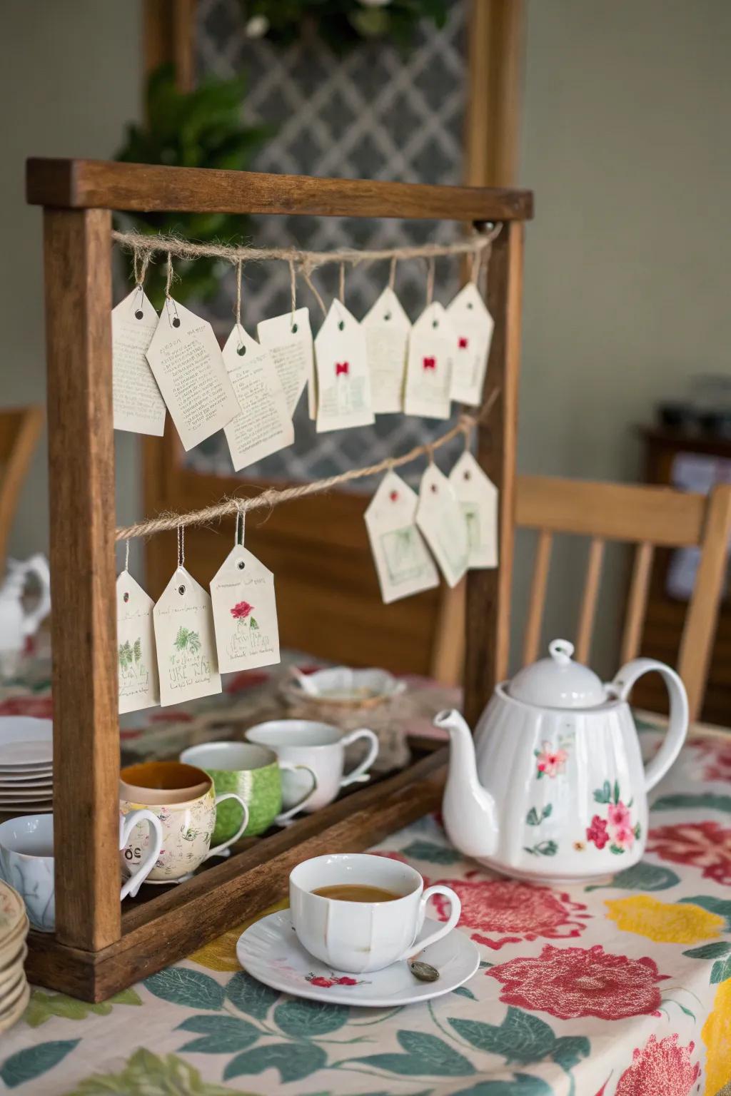 Teapot-shaped tags add a whimsical touch to party favors.