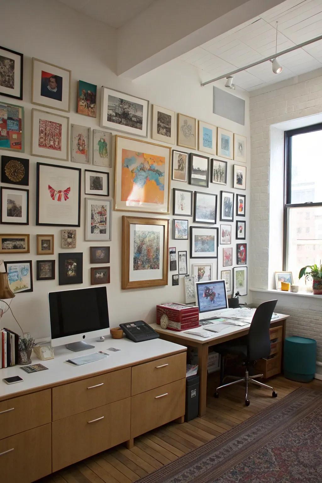 A gallery wall adds personality and inspiration to your office.