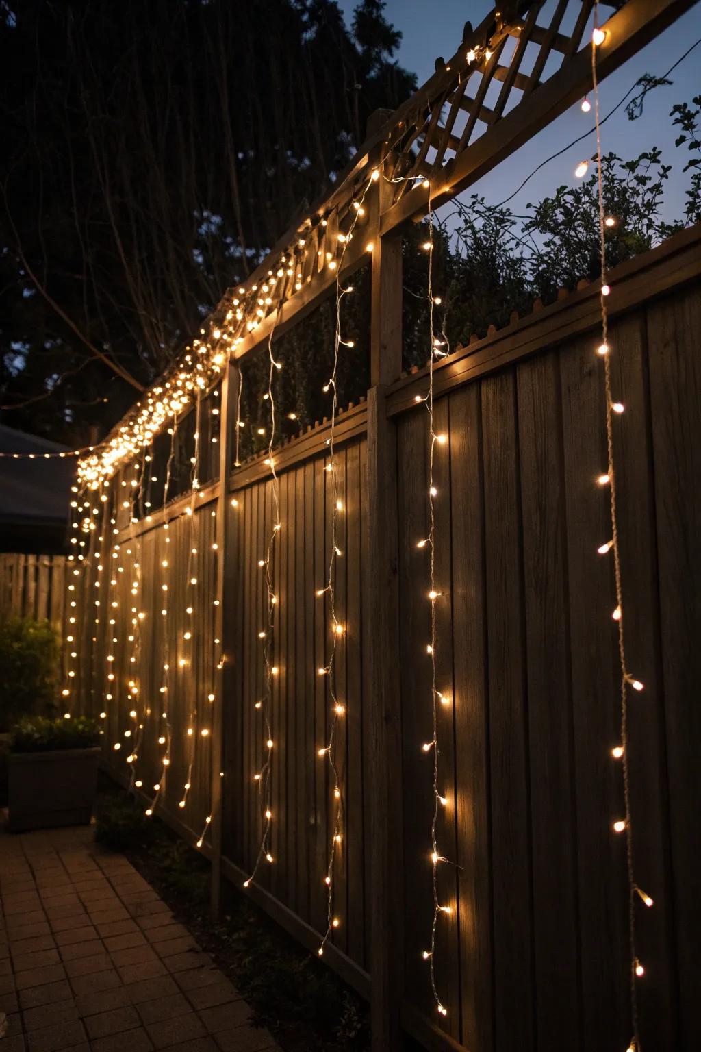 Cascading string lights add drama to a patio fence.