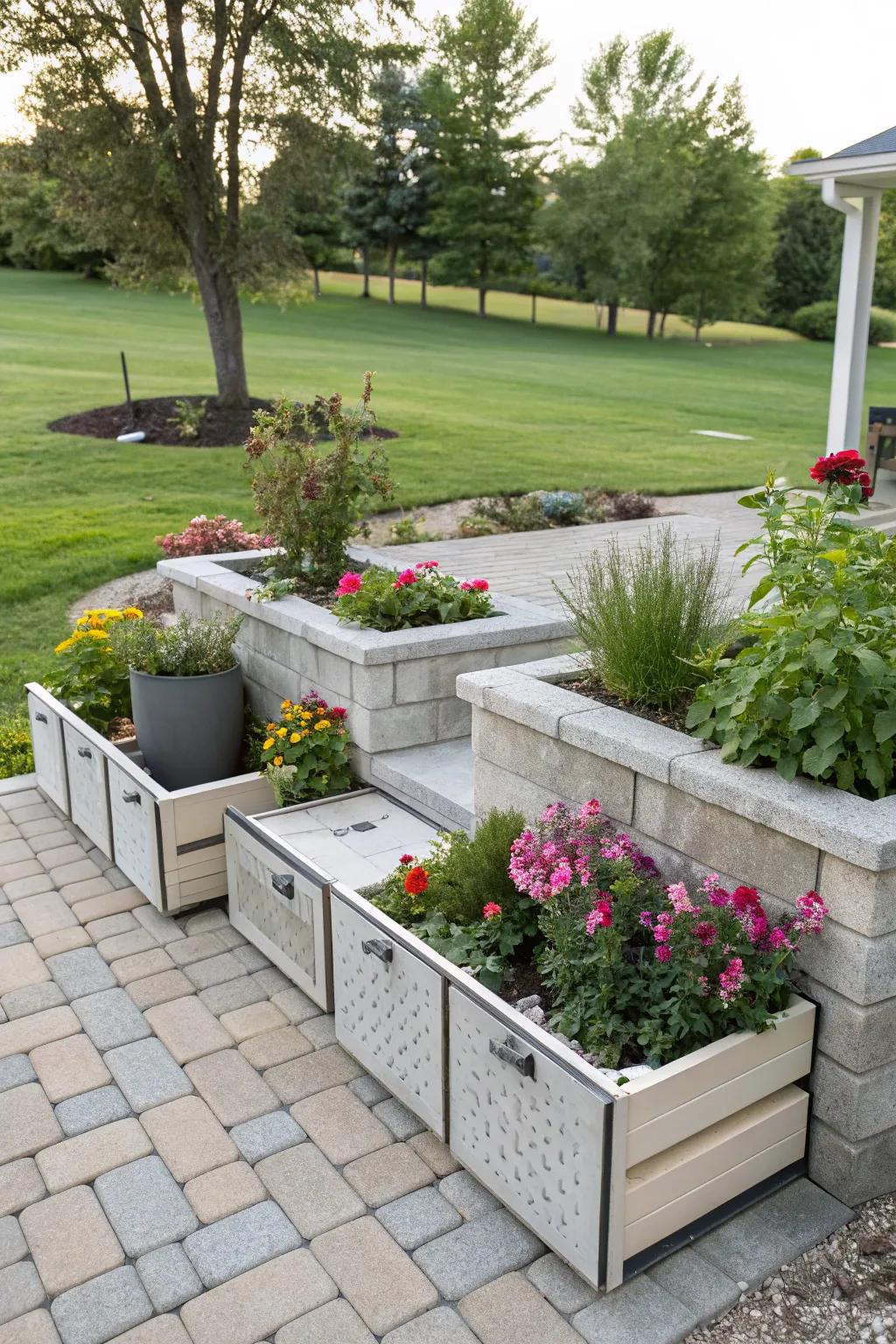 Paver planters with storage offer practical solutions for small gardens.