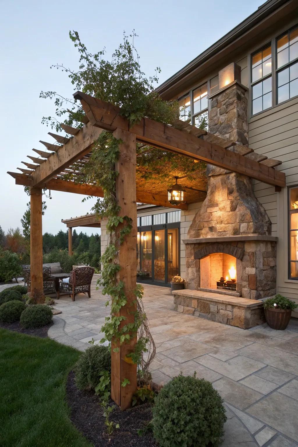 A pergola with a fireplace, providing warmth and ambiance for outdoor gatherings.