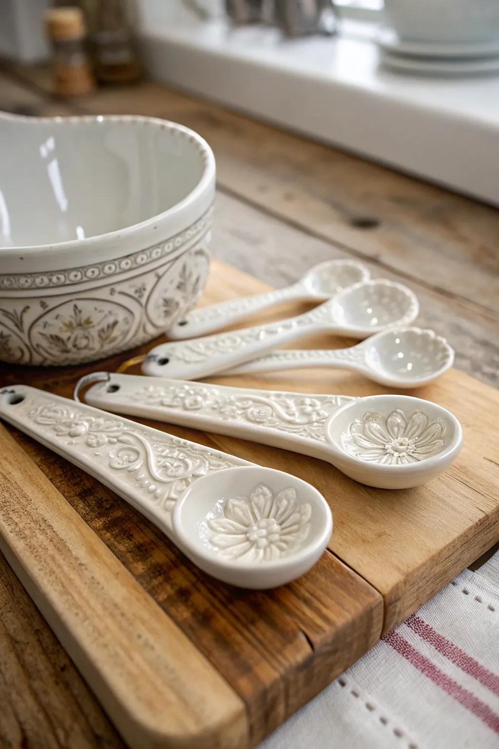 Porcelain measuring spoons add elegance and function to her culinary adventures.