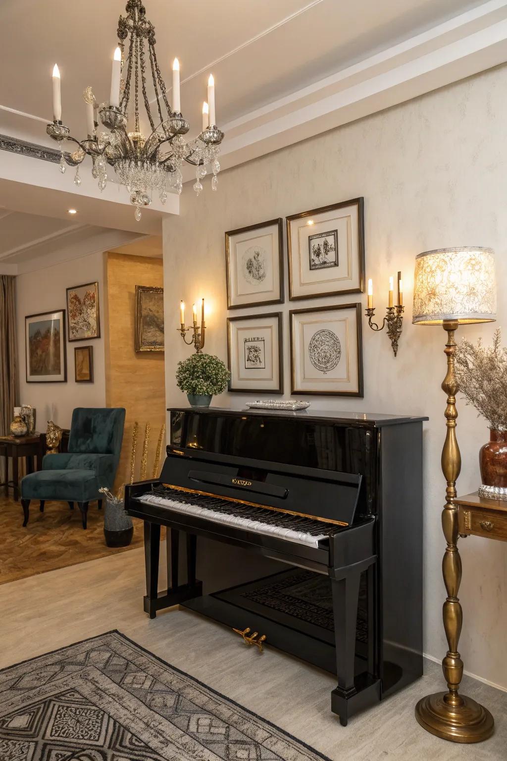 A mix of modern and vintage creates an eclectic piano space.