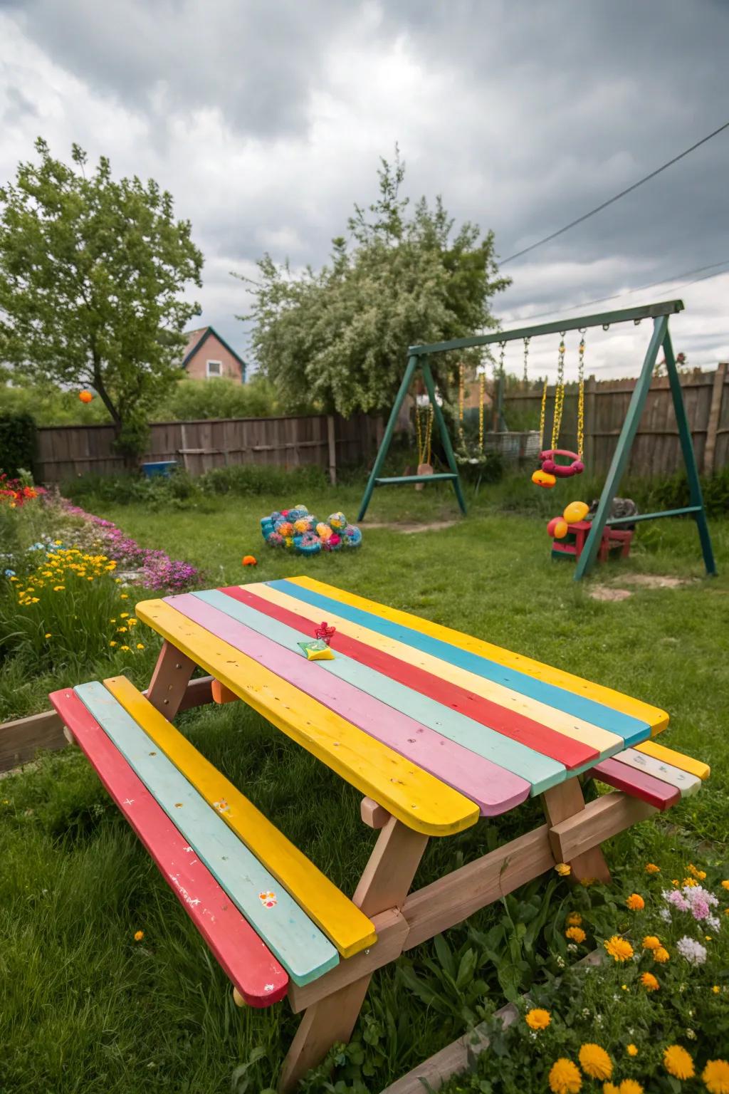 Vibrant stripes add a lively and energetic vibe to the picnic table.