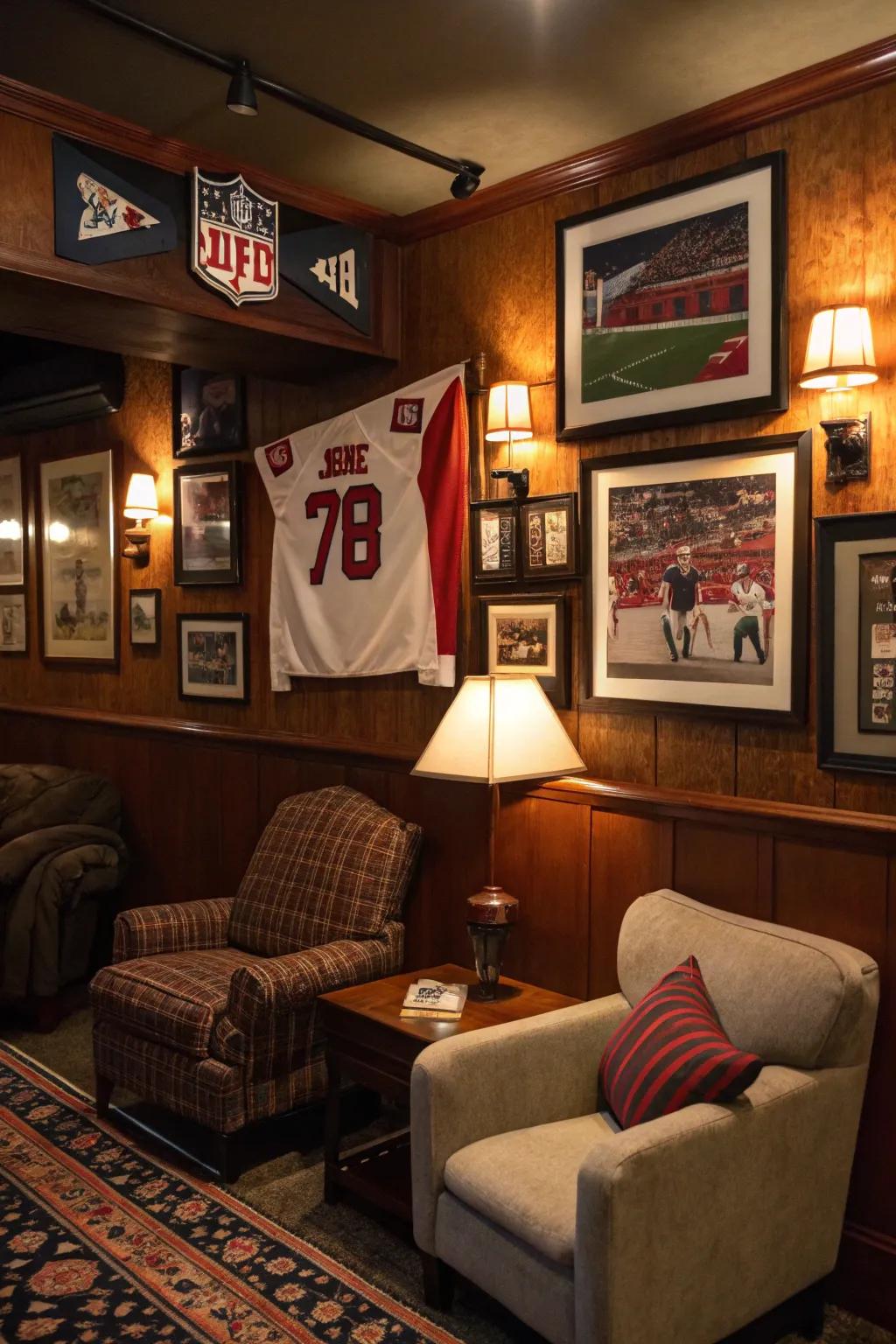 A den showcasing framed sports memorabilia for a spirited decor.