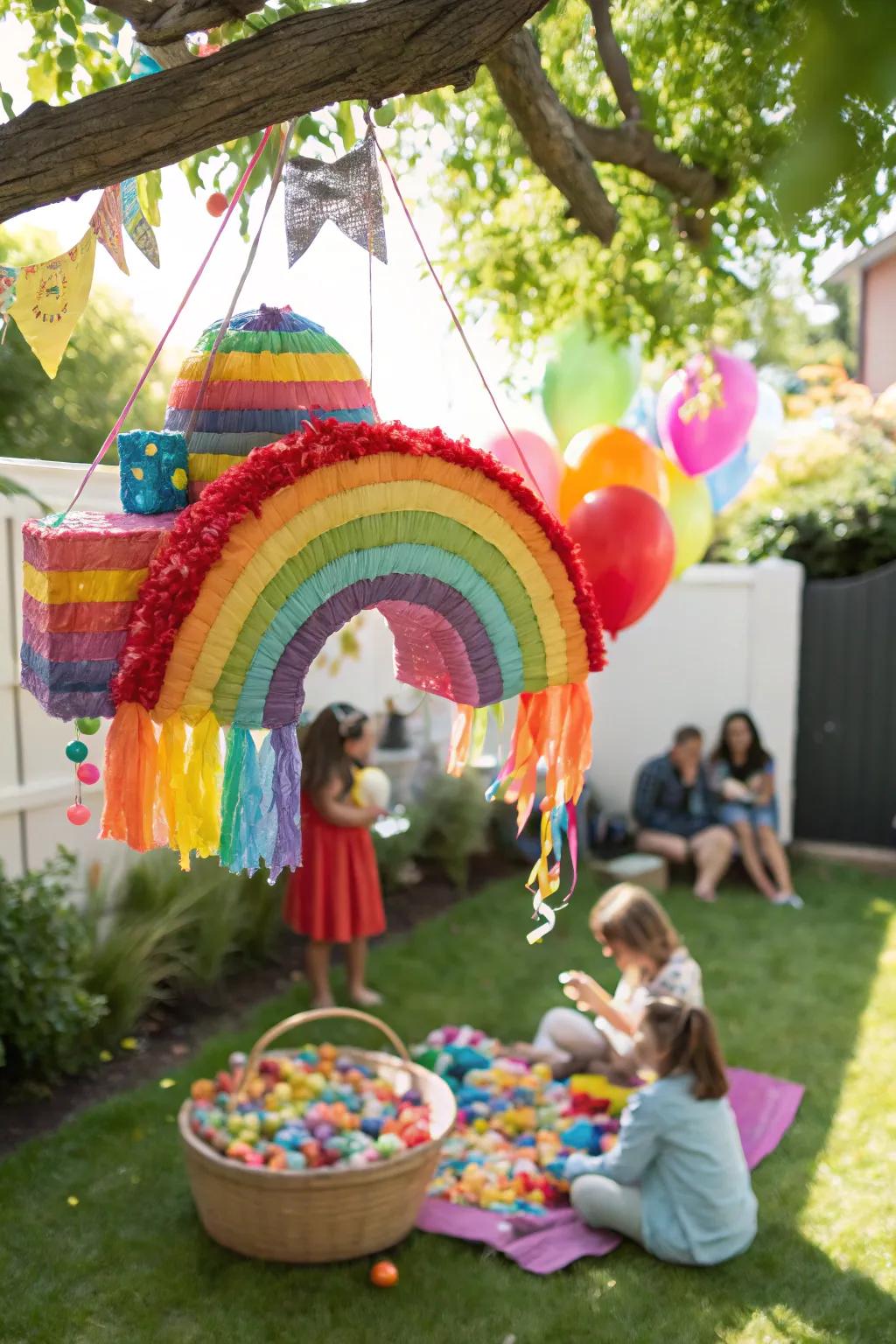 A rainbow piñata adds vibrant joy to your event.