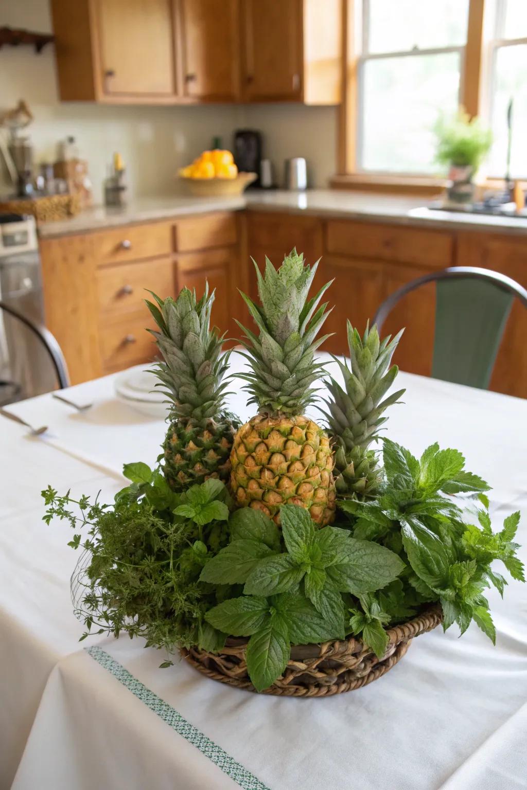 A pineapple and herb display offers a fragrant and refreshing centerpiece.