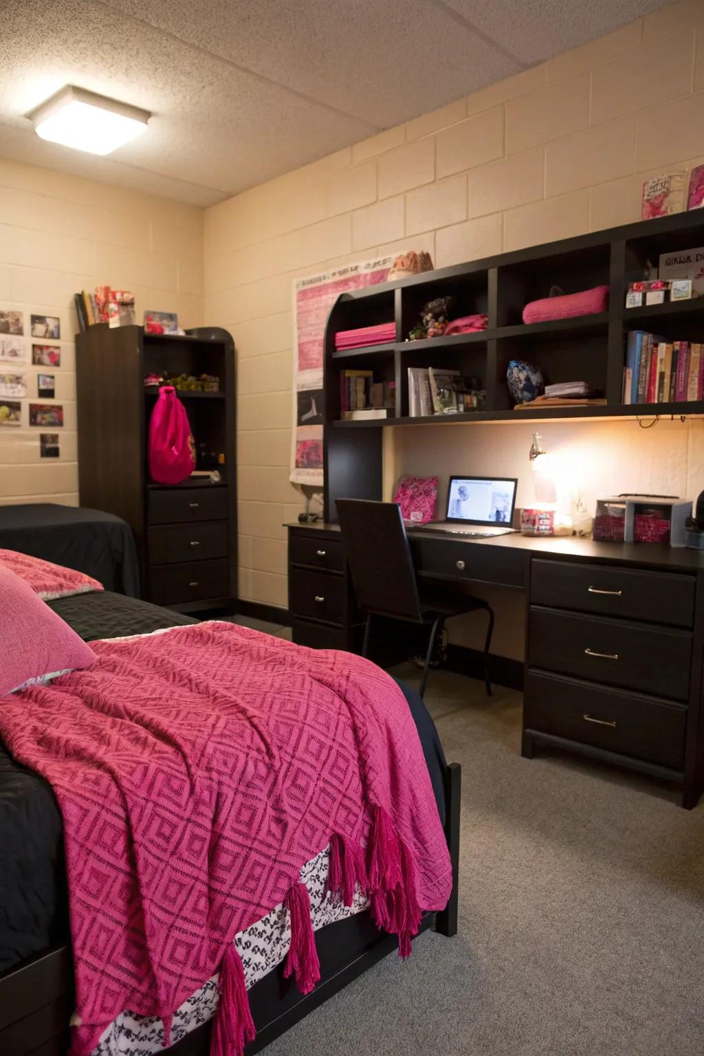 Inviting pink throw blankets on black furniture.