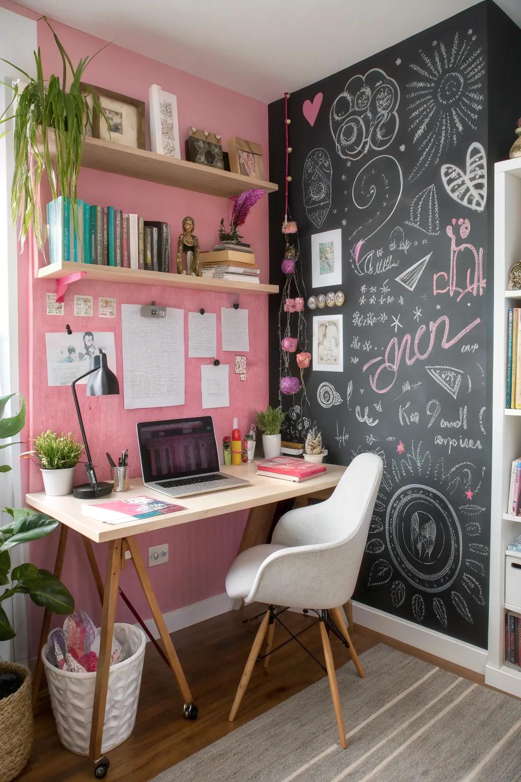 A pink and black chalkboard wall provides a creative and functional element in this office.