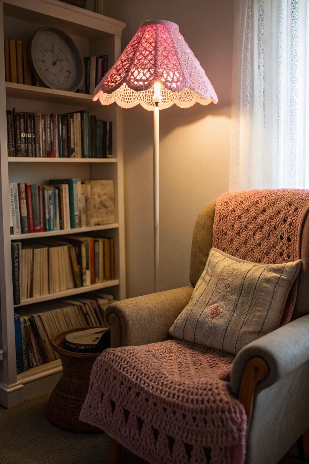 Personalize your lighting with a unique pink crochet lampshade.