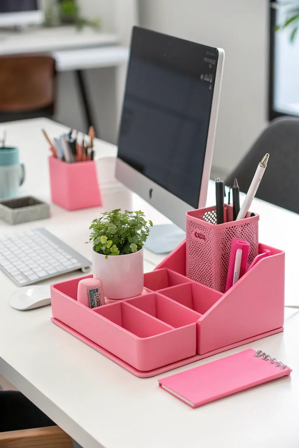 Pink desktop organizers combine functionality with flair.