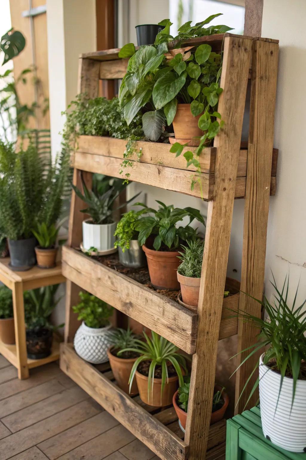 A DIY plant shelf made from reclaimed wood, adding a personal touch.