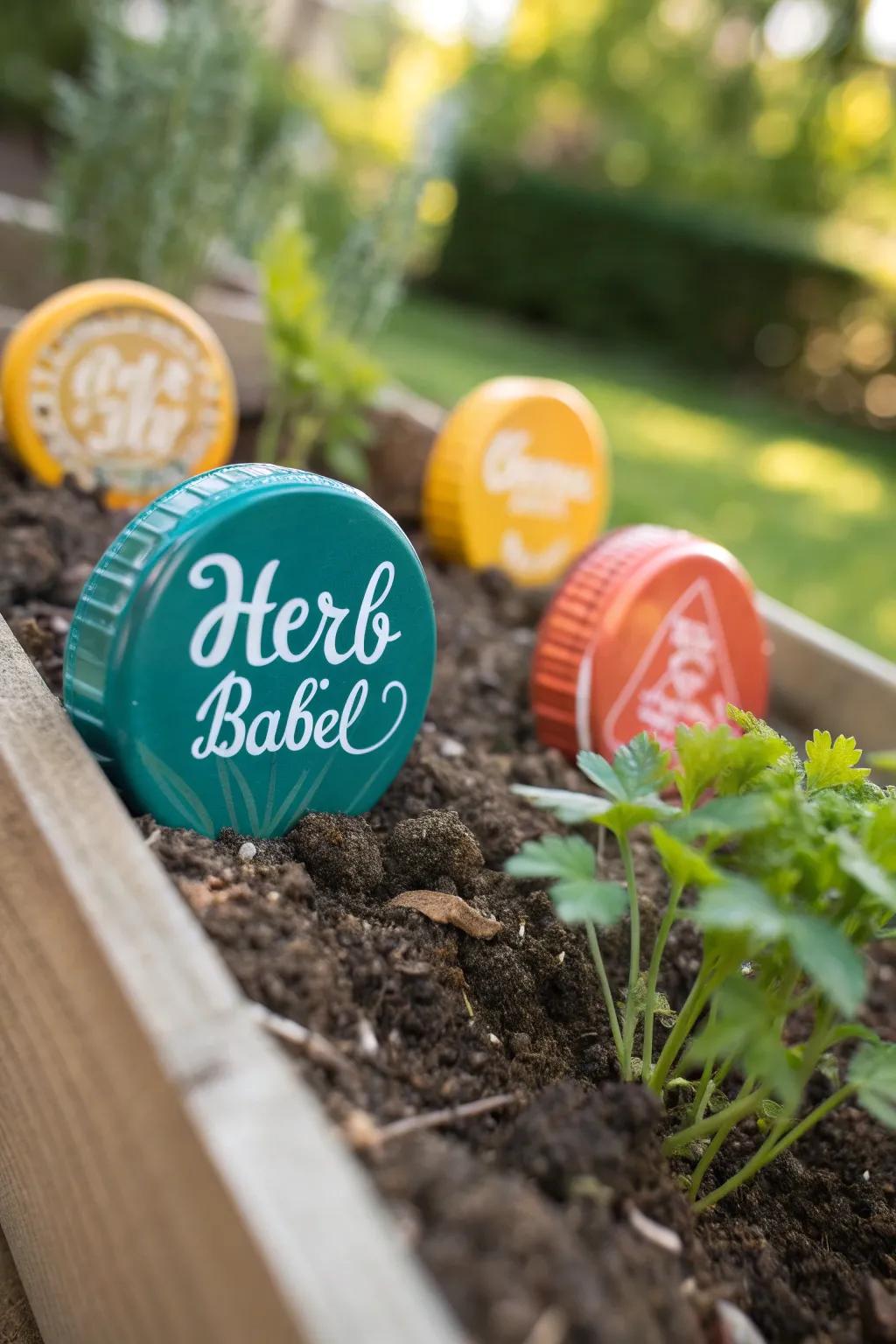 Elevate your herb garden with vibrant DIY bottle top labels — a splash of color meets minimalist charm!