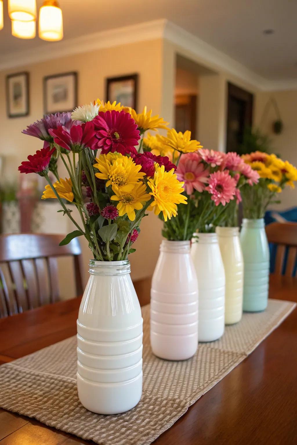 Bring fresh flowers indoors with stylish vases made from milk bottles.